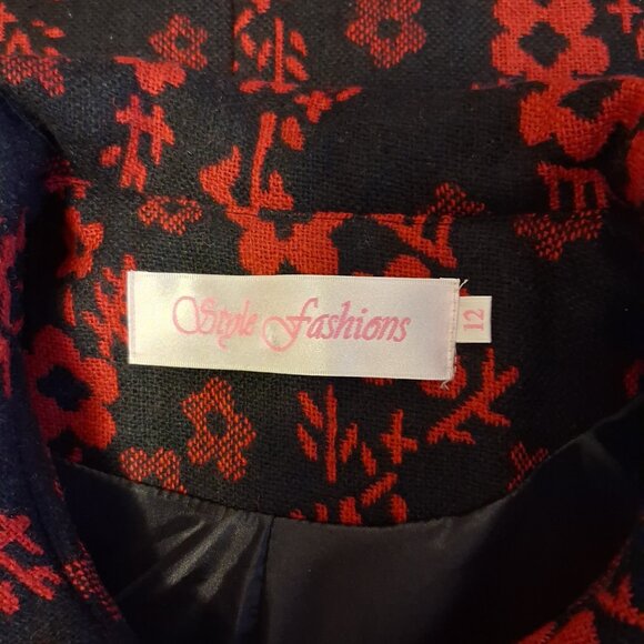 NEW Women’s Elegant Pea Coat Red Black Floral Lined Trench Coat ¾ Sleeve 12 L - Picture 8 of 10